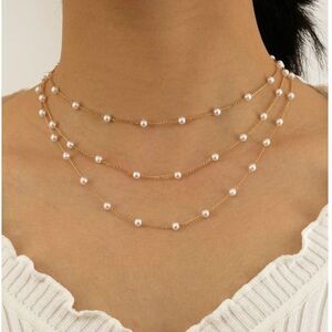 3 Strand Layered Pearl Station Necklace Gold Chain Adjustable Classic Elegant